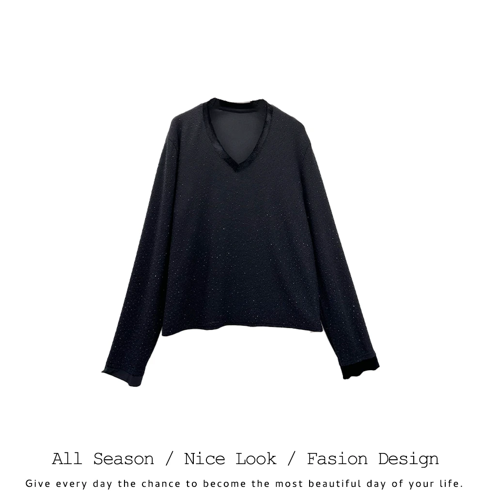 178  时尚镶钻满天星气质休闲百搭V领黑色长袖      款号#7277