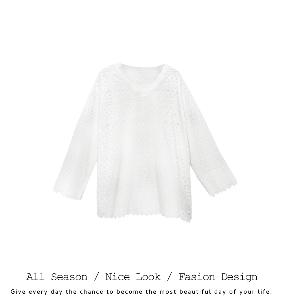 490    时尚白色宽松蕾丝百搭中长款长袖      款号888370