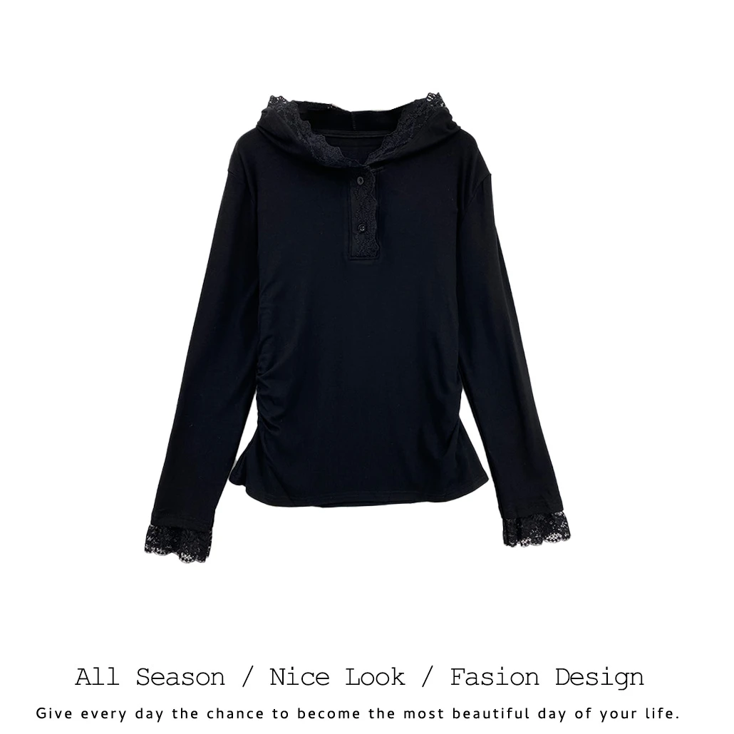 604   欧货时尚黑色拼接蕾丝花边连帽百搭修身长袖     款号#8897