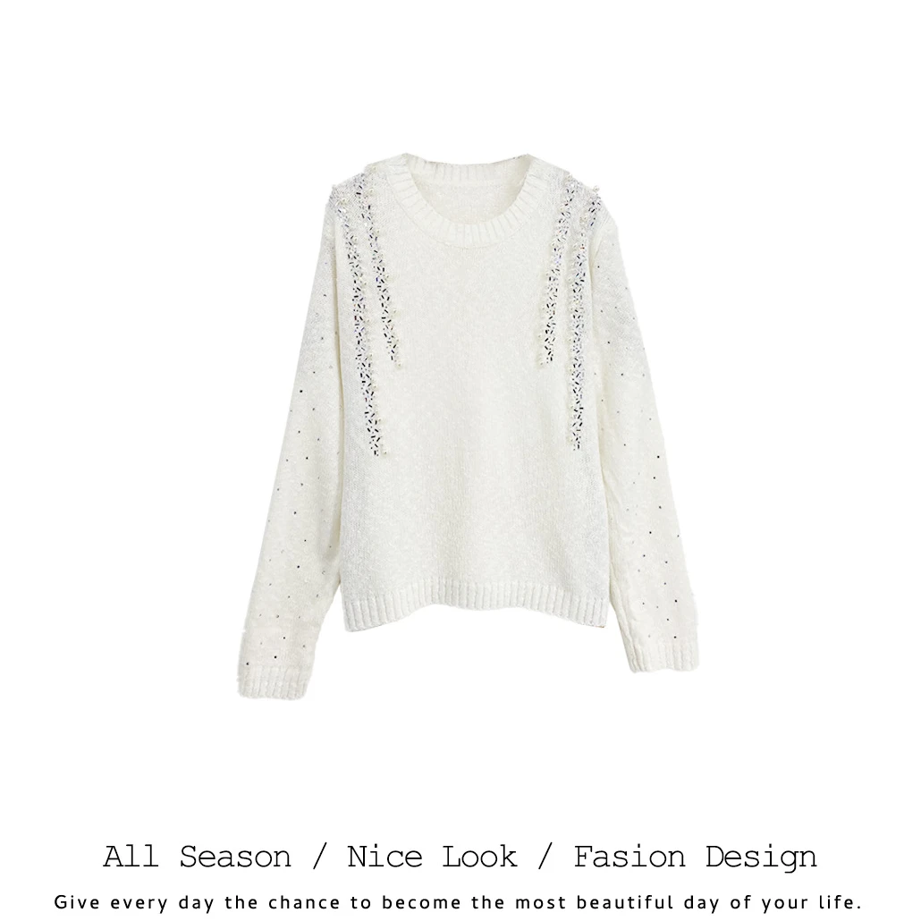 266   高级轻奢镶钻钉珠休闲百搭圆领宽松长袖     款号#5821