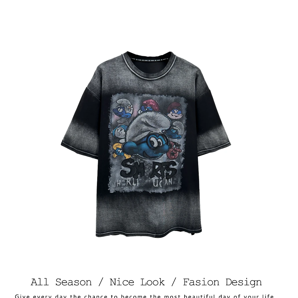 578    欧货时尚黑色蓝精灵印花休闲百搭圆领短袖   款号#83890