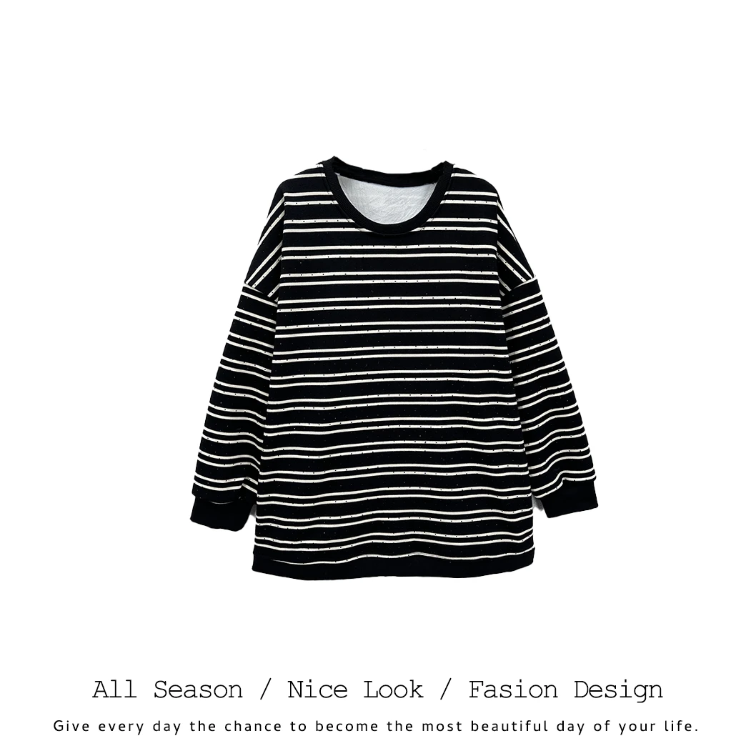 972    欧货时尚黑白条纹镶钻假两件宽松长袖圆领卫衣   款号#73