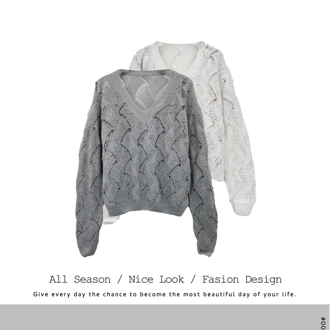 308  欧货时尚灰色镶钻钉珠宽松秋冬百搭长  款号#6905