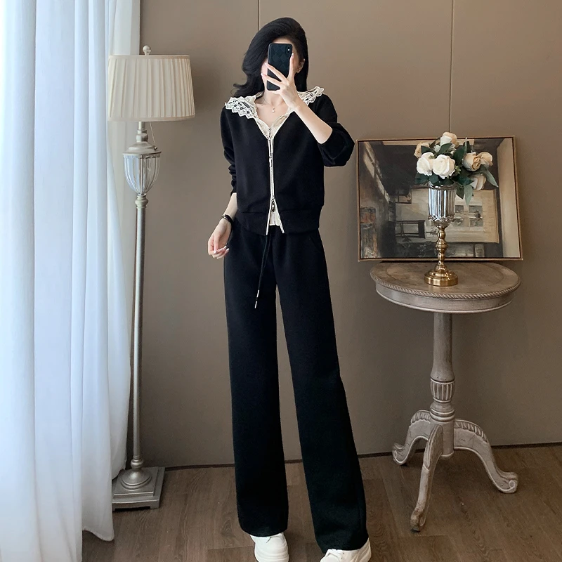 高级感蕾丝连帽休闲套装女春秋季时尚减龄气质穿搭巨好看的两件套