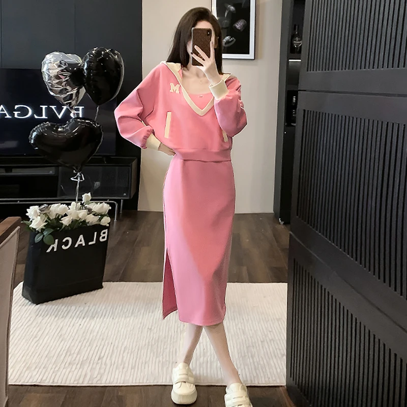 设计感休闲套装女秋冬中长款卫衣连衣裙两件套时尚减龄穿搭一整套