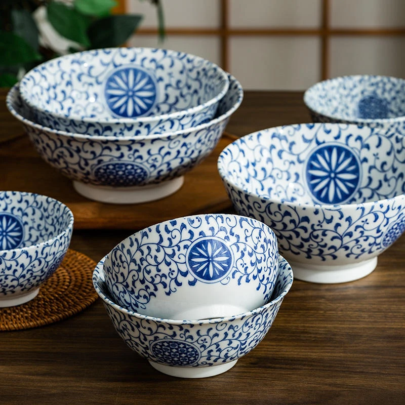 【微瑕介意慎拍】丸纹更纱碗盘日本进口釉下彩斗笠碗家用陶瓷面碗