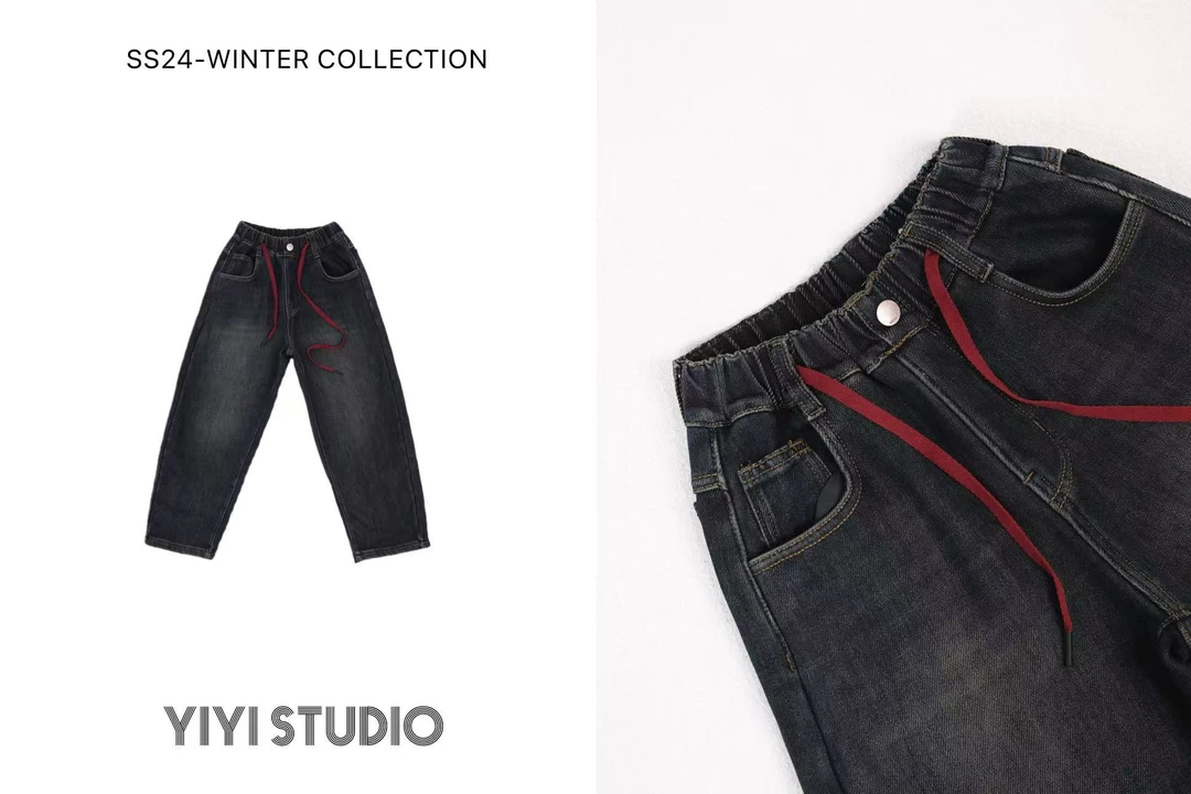 YiYi 童装红抽绳加绒牛仔裤0378