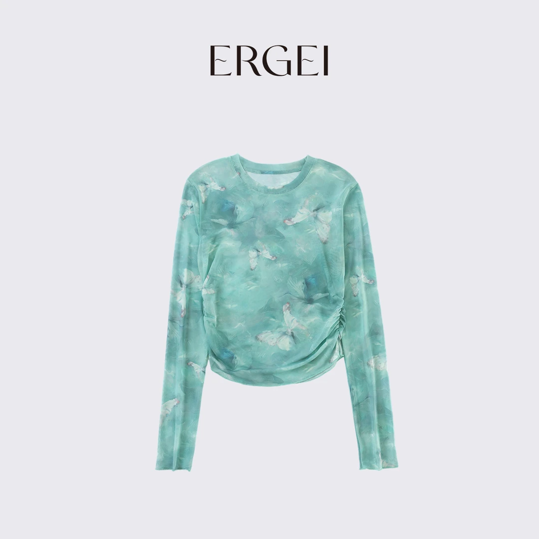 【碧海蝶梦】时尚印花圆领扎染速干长袖健身套头短款休闲打底绿色