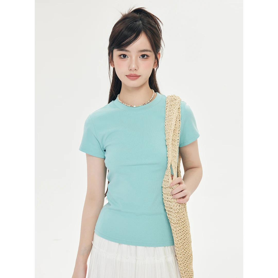 夏季辣妹短款小众修身设计感T恤女蓝色显瘦百搭纯色圆领上衣