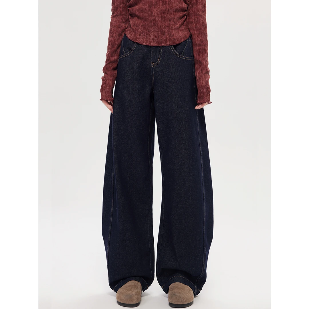 尔给秋季松紧腰显瘦高腰水洗牛仔裤女百搭复古做旧宽松直筒阔腿裤