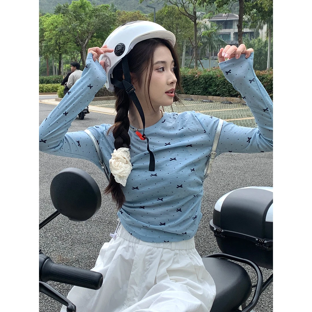 【夏天的风】打底衫碎花显瘦长袖短款夏季小众修身洋气百搭法式薄款