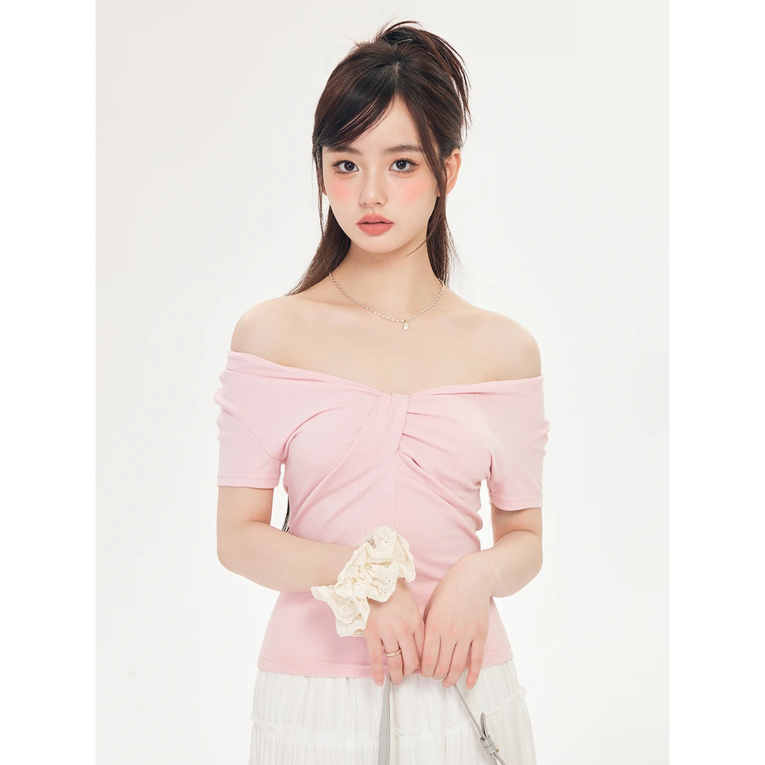 尔给气质抹胸短款夏季一字肩露肩褶皱显瘦辣妹黑色不规则小众修身