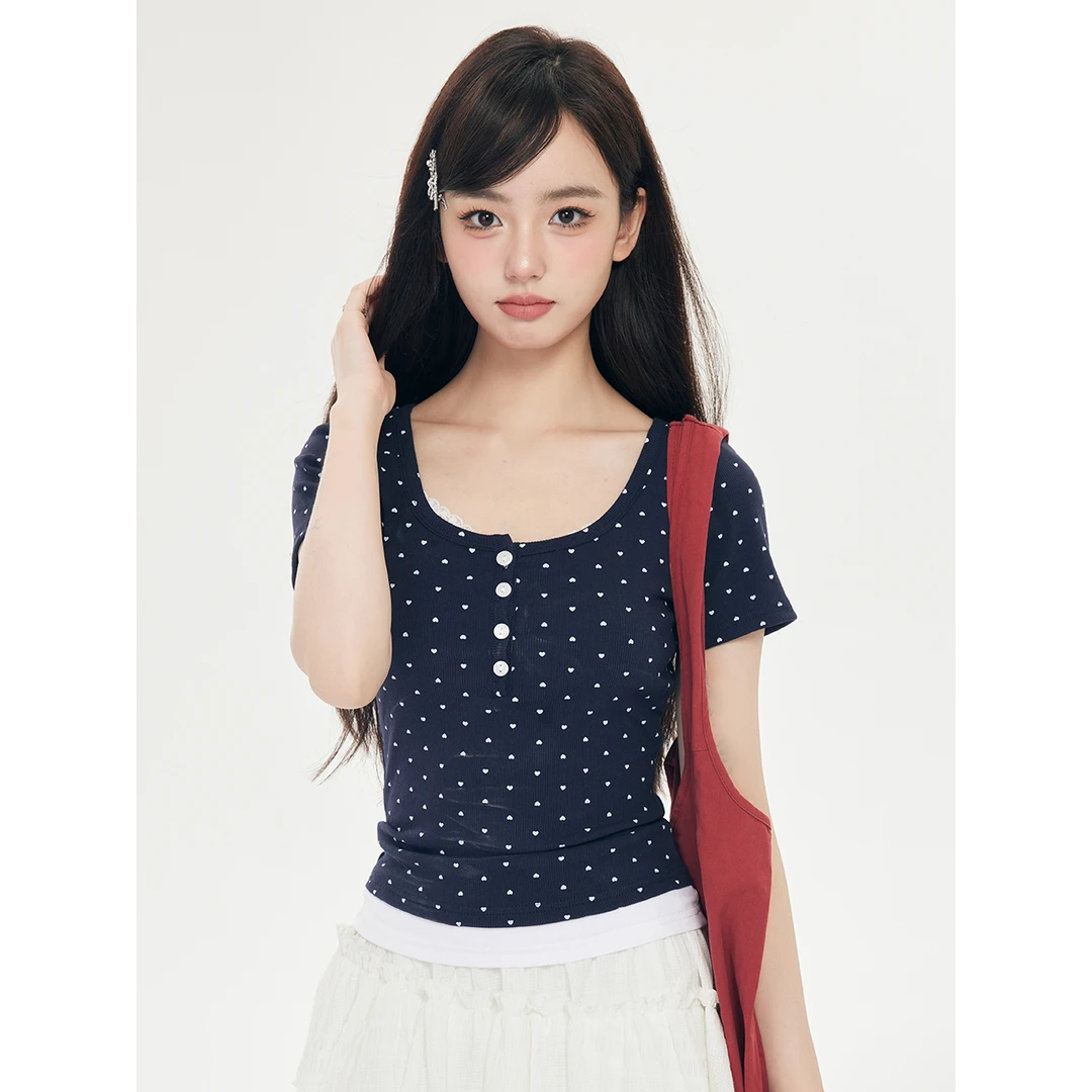 短款夏季修身印花圆领波点假两件T恤显瘦时尚打底小众撞色