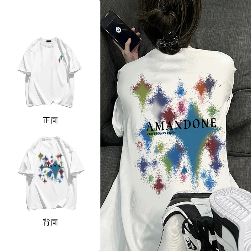 纯棉美式复古彩色星星印花短袖t恤休闲宽松百搭圆领上衣情侣#N176