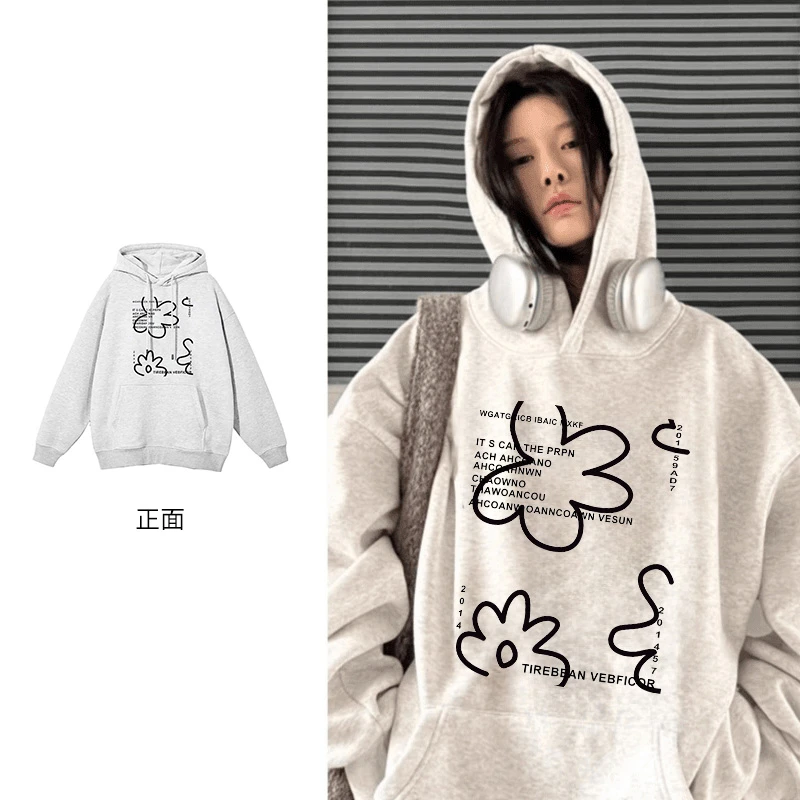 白灰色连帽卫衣秋冬加绒加厚潮牌印花高级感小众设计款上衣#R378