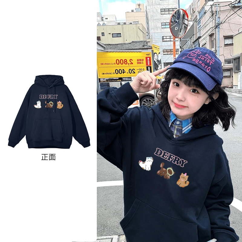 韩版慵懒风冬季加绒卫衣女休闲百搭小众设计情侣连帽衫上衣#R376