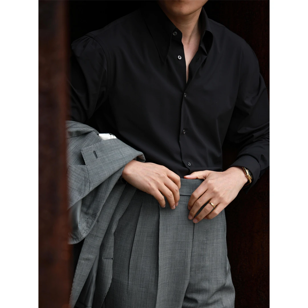 UGENTLE男装品牌 意式复古教父领 暮色黑长尖领长袖男衬衫 邦德袖