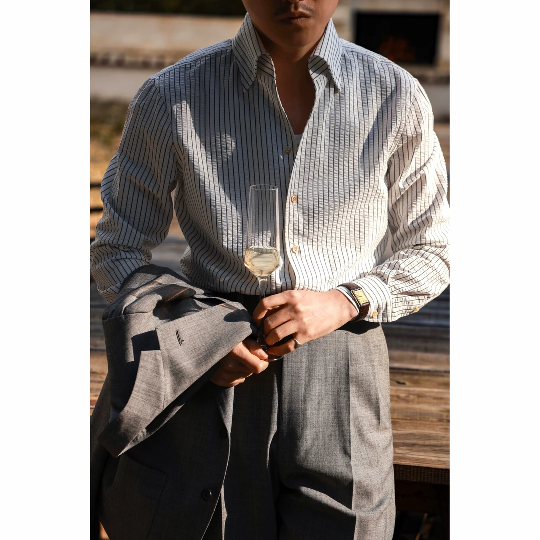 UG男装 日本进口窄幅重磅棉「石墨条泡泡棉」一片领 绅士长袖衬衫