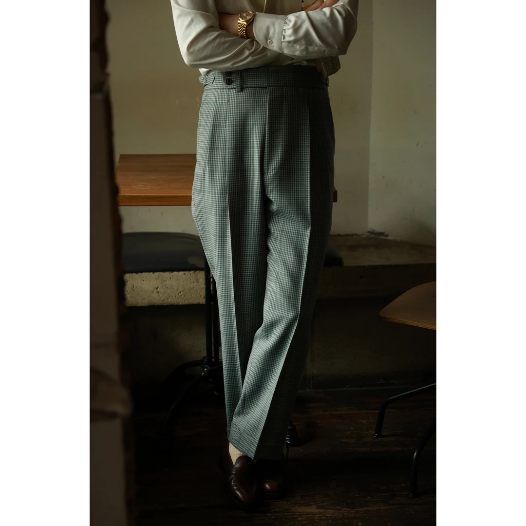 UG男装 全羊毛面料「雪松绿格纹」意式 复古巴黎扣 绅士 高腰西裤