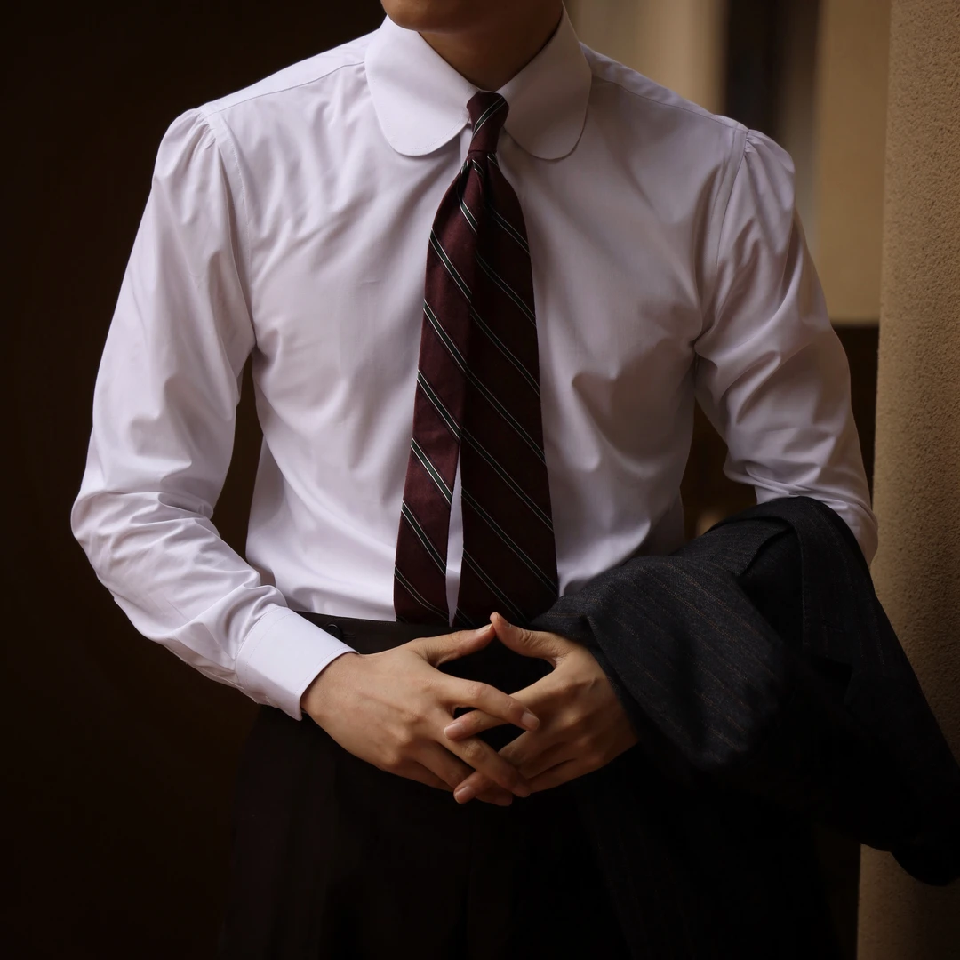 UG男装品牌 复古 伊顿领 (饰耳领扣) 瀑布袖 手工鹰爪扣 男白衬衫