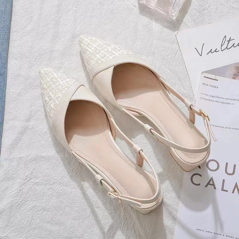 小香风包头粗跟单鞋女尖头年一字带后空中跟凉鞋女夏百搭夏季低跟