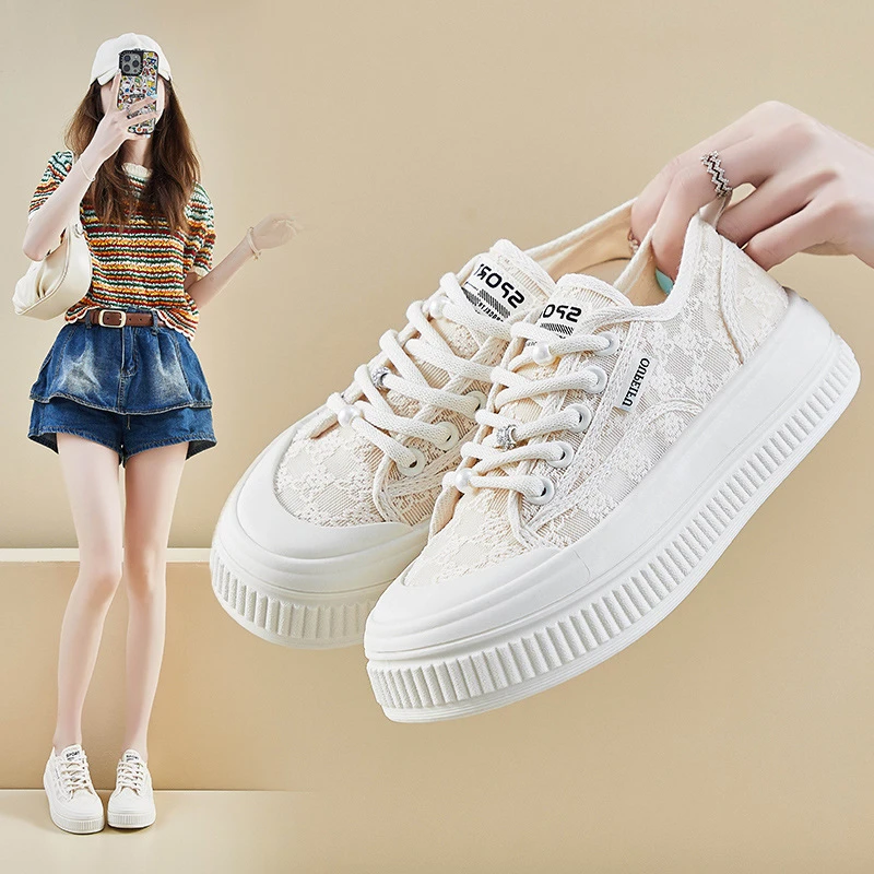 夏季薄款网面帆布鞋百搭新款女学生厚底增高运动板鞋休闲鞋透气