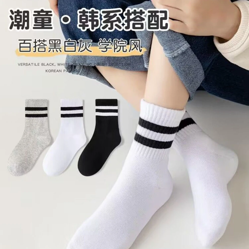 （5/10双装）袜子春秋冬季棉袜纯色中筒袜男女童中大童黑白灰色学院