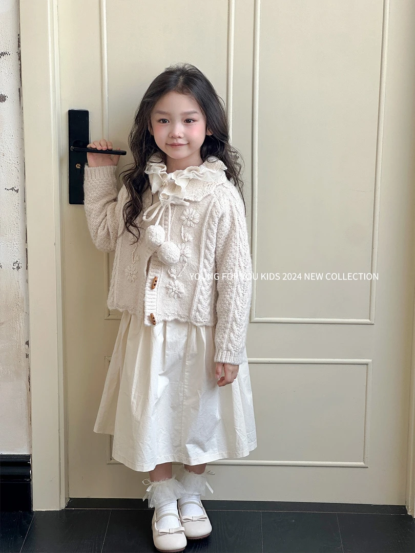 YFY秋冬女童白球毛衣外套开衫花边领衬衫裙韩版连衣裙森系儿童