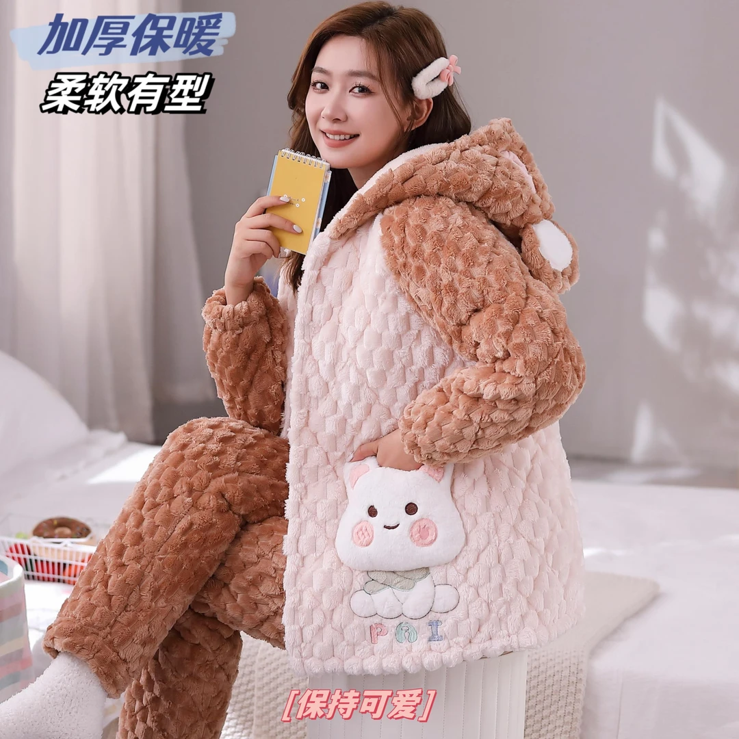 8513冬季特厚新款睡衣女士冬季加绒加厚夹棉蛋糕绒可外穿睡衣套装