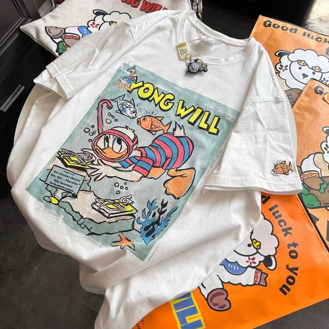 小羊纸袋3336海底鸭大版圆领宽松无感印花短袖T恤休闲减龄情侣