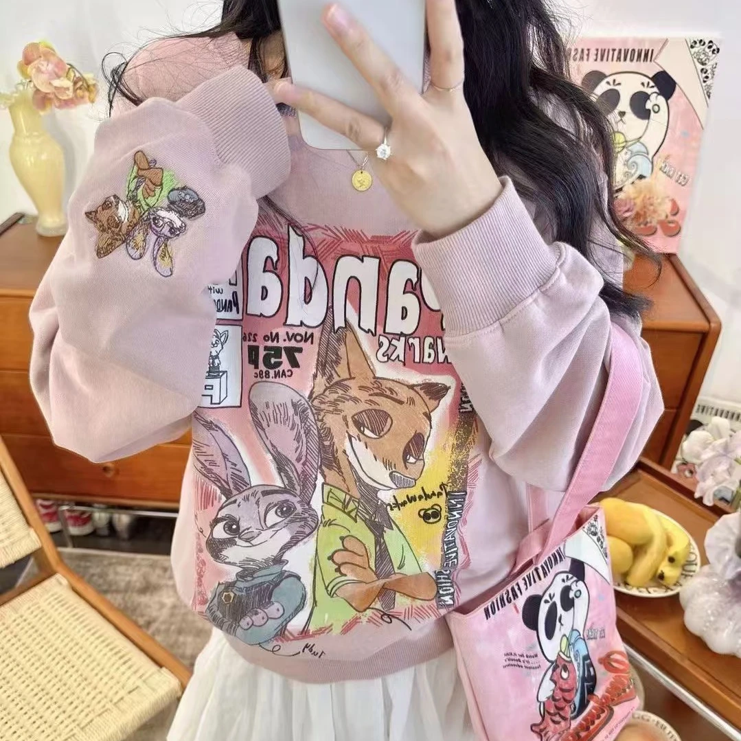 Pandawarks熊猫纸袋24073兔子狐狸圆领宽松无感印花卫衣减龄秋女