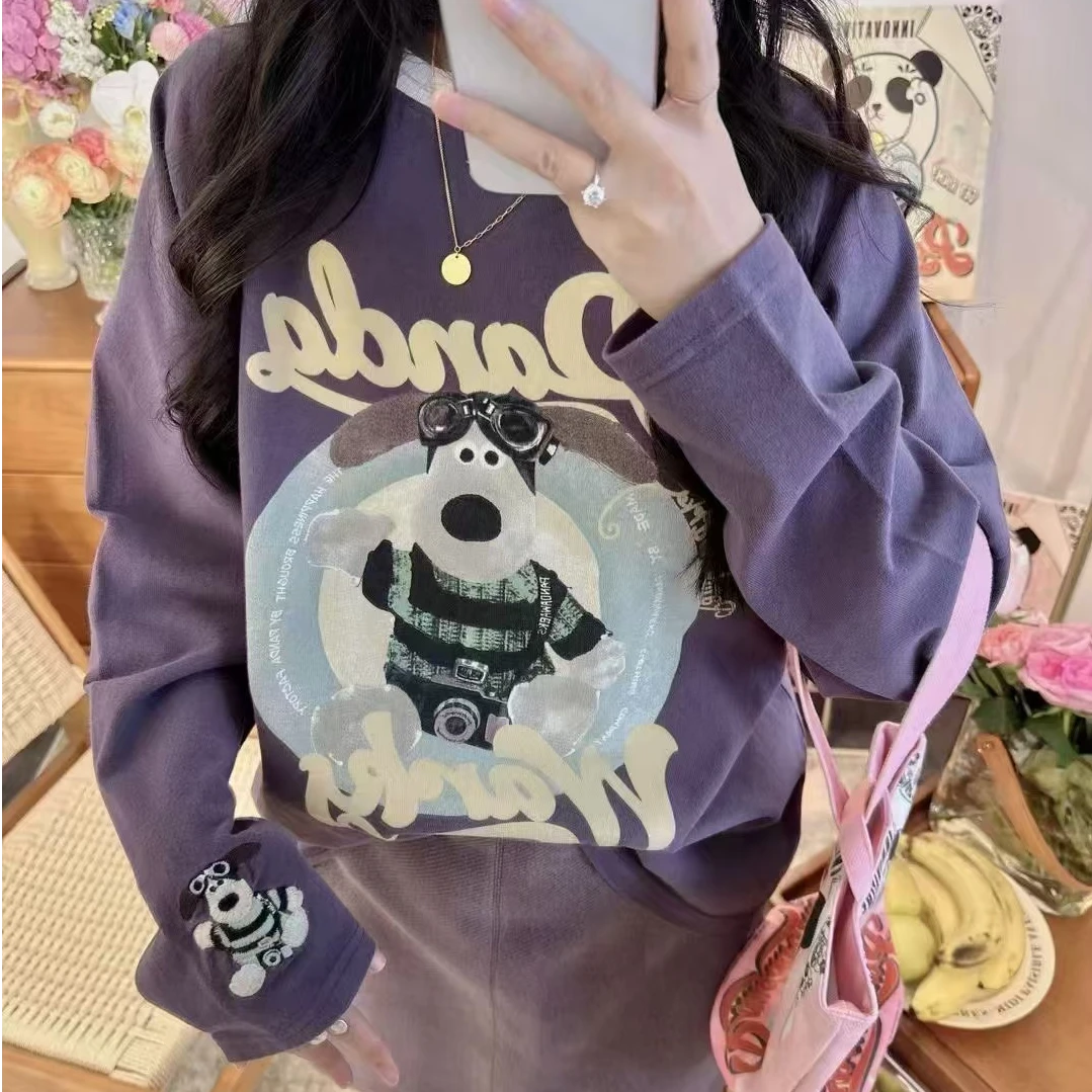 Pandawarks冬24412插肩盘子狗圆领宽松磨毛印花长袖T恤卡通休闲女