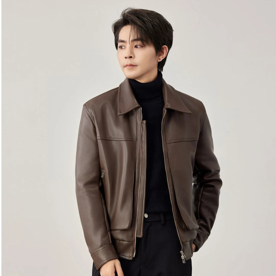 【润哥】秋冬新款加厚皮蛋白皮衣外套男 翻领短款休闲夹克上衣853