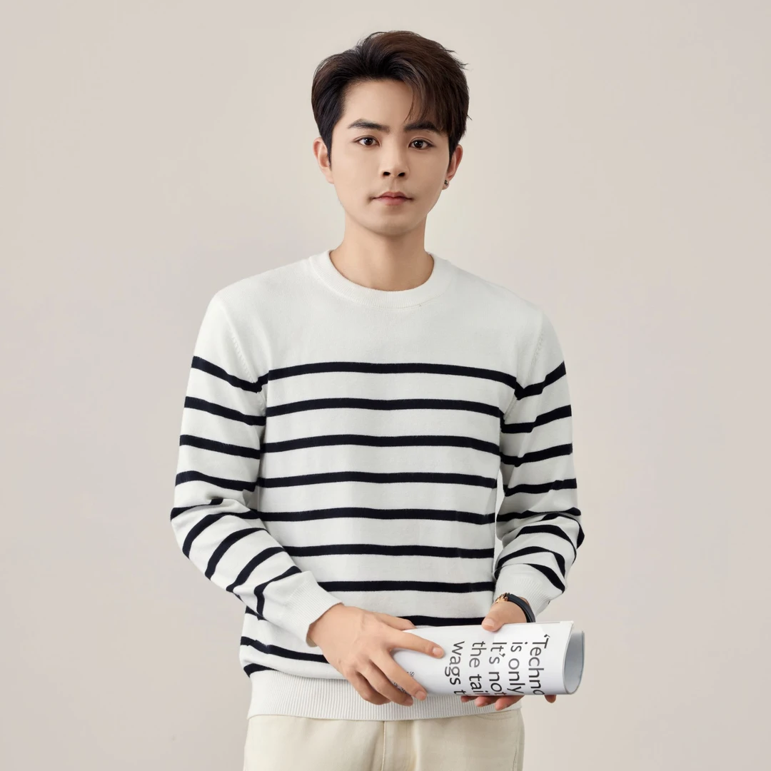 【润哥】秋冬新款十二针高密度条纹毛衣男 休闲百搭针织衫w6010