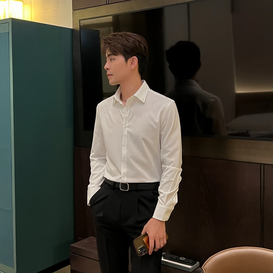 【润哥】第一代垂感抗皱经典翻领长袖衬衫男 纯色黑色衬衣8668