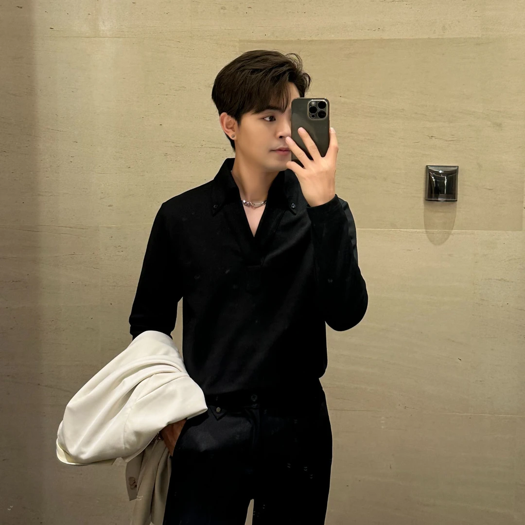 【润哥】意式一片领液氨棉长袖T恤男休闲百搭V领纯色打底衫7912