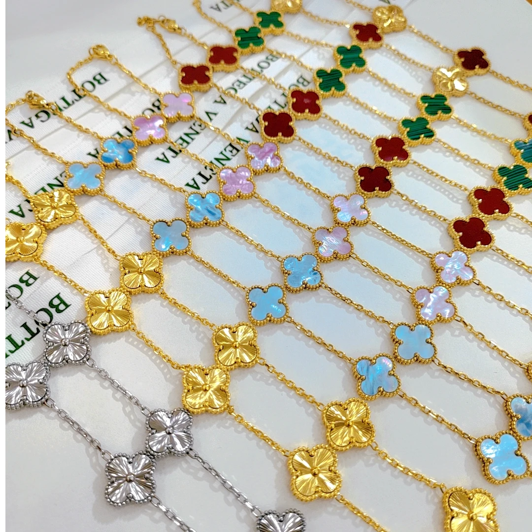 钛钢项链 精工高定车花轻奢幸运草镭射(45cm）十花项链0692