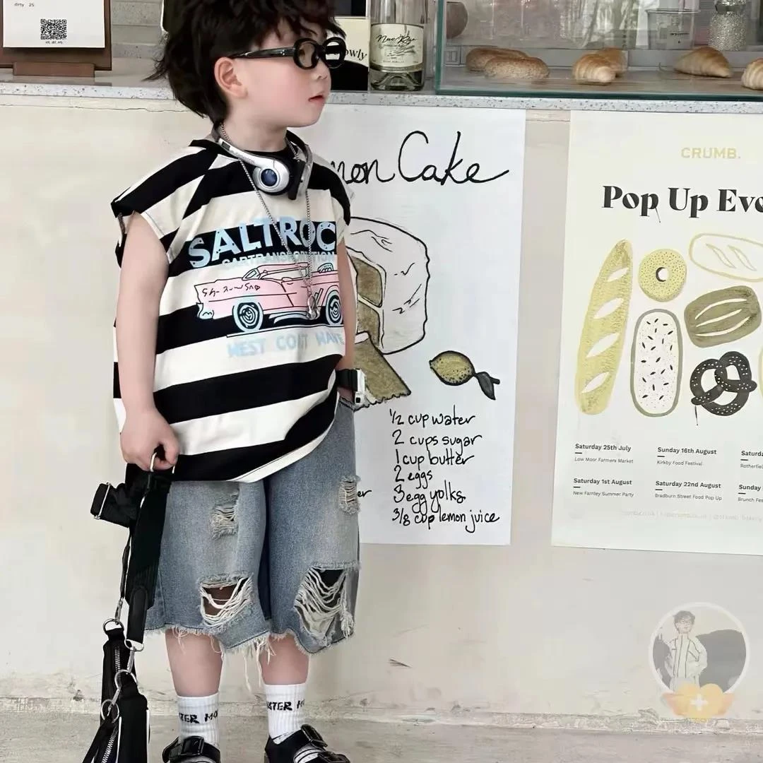 男童夏装印花套装2025新款儿童条纹背心韩版破洞牛仔短裤两件套潮