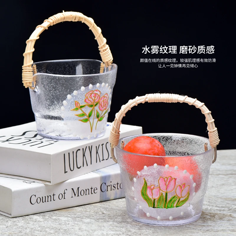 法兰晶玻璃水果盘客厅家用轻奢风茶几果盘高颜值藤编手提果篮网红