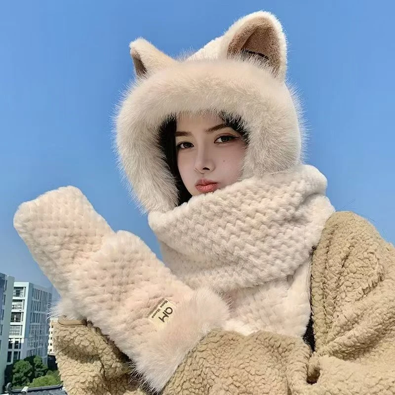 【西藏包邮】冬季可爱毛绒小熊帽子围巾手套一体三合一加厚围脖