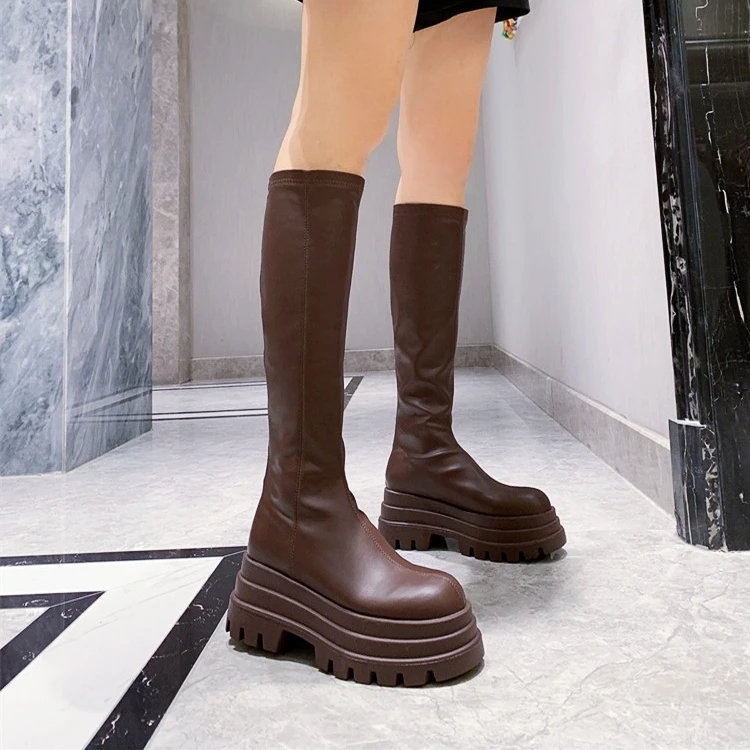小筒围厚底高筒靴女2023秋冬新款小个子女靴增高瘦瘦靴不过膝女靴
