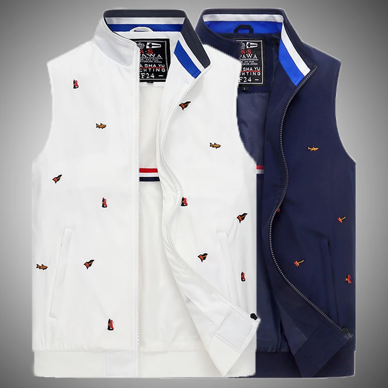 正品普达鲨鱼男士青年绣花薄款马甲男春秋立领休闲多口袋坎肩外套