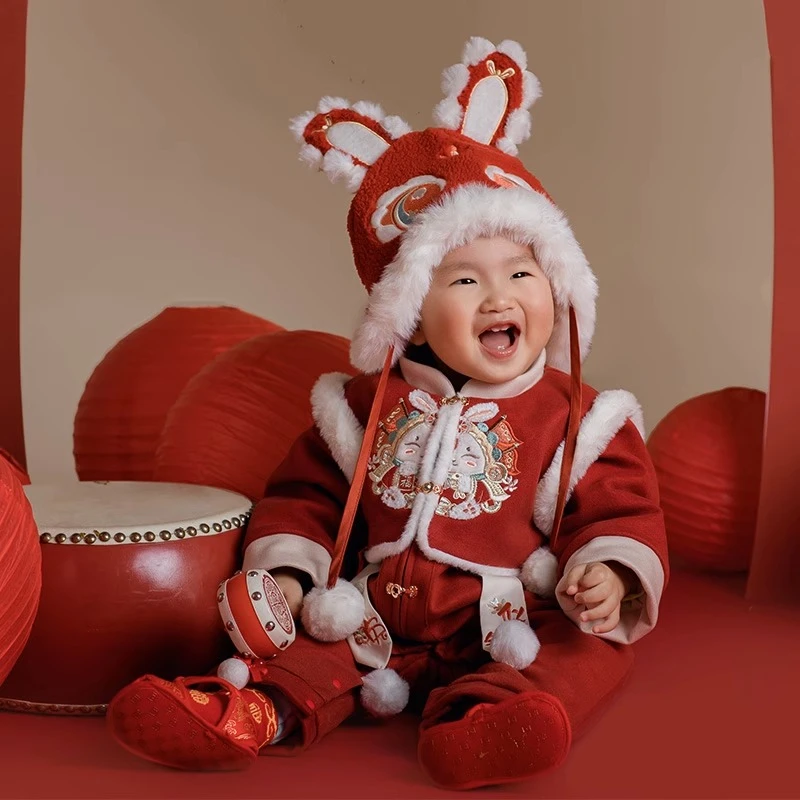 婴儿拜年服冬季百日抓周周岁礼服男童女宝宝加绒新年喜庆过年衣服