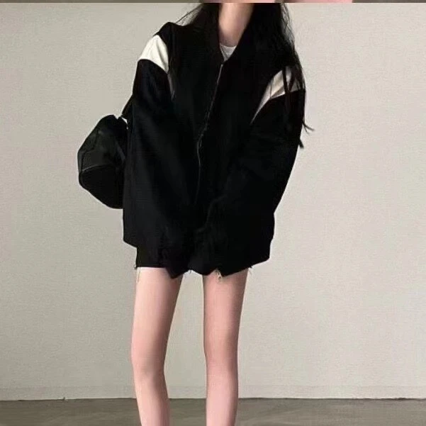 2024美式复古开衫棒球服男女秋冬新款chic宽松百搭撞色拉链卫衣