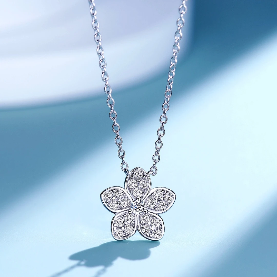 坠链均925银合成锆石 密镶花朵项链 设计感清新简约小众时尚
