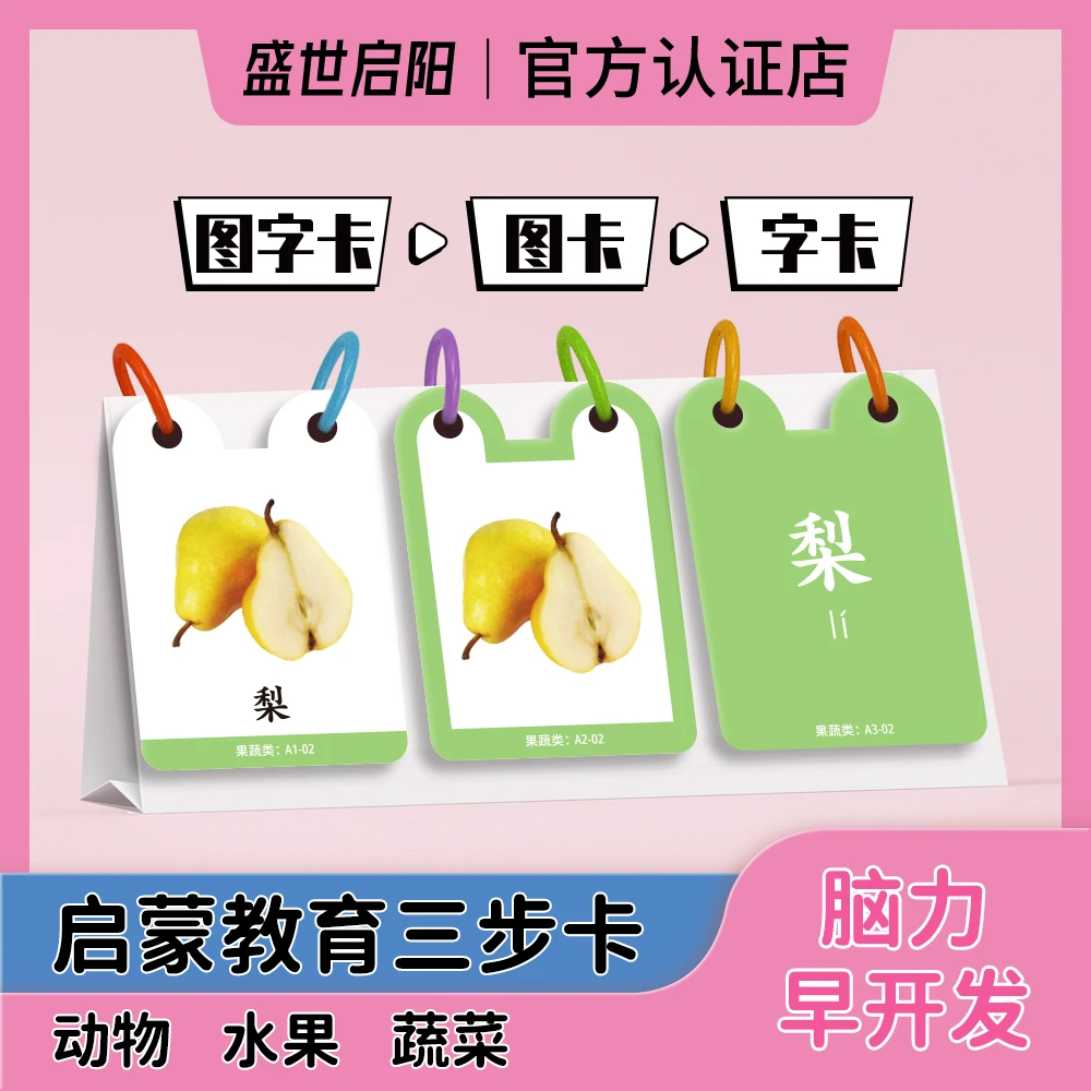 0-3岁宝宝启蒙教育三步卡幼儿园带拼音识字识物卡卡通全套早教绘
