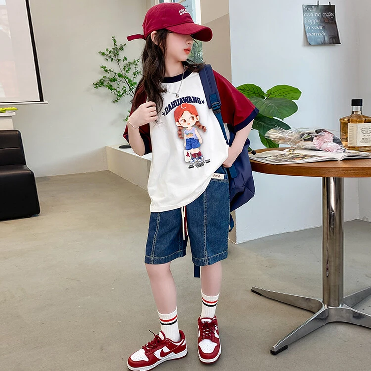 女童夏装套装2024新款网红洋气宽松夏季儿童大童牛仔裤短裤两件套