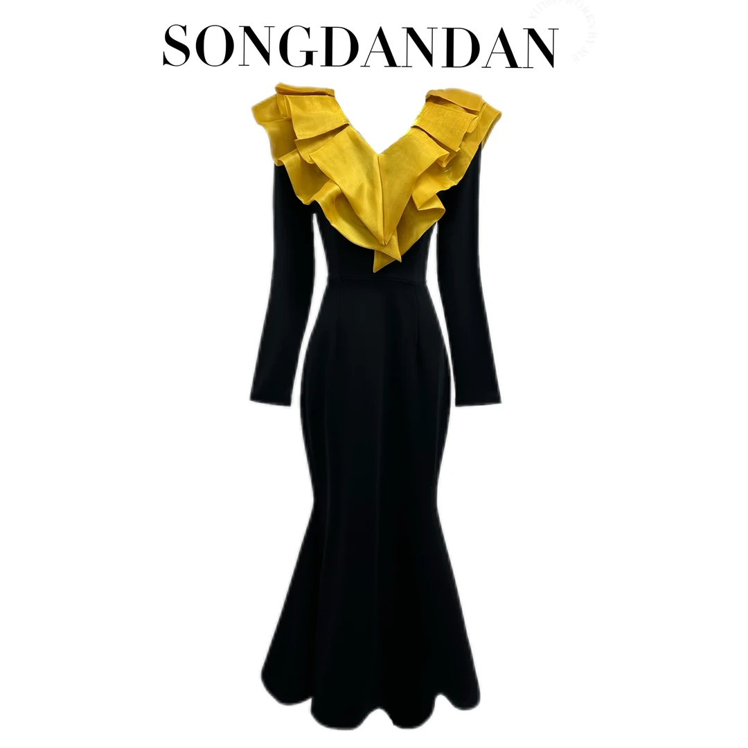 【DDS】秋款长袖褶皱V领扎花轻奢气质修身收腰鱼尾礼服裙