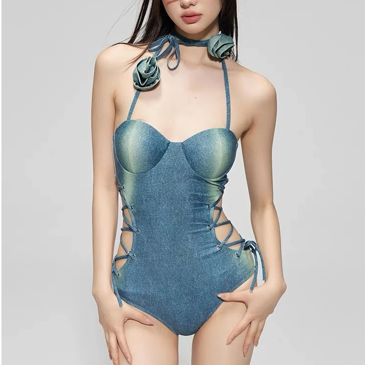 水星说【超模】泳衣女美式辣妹复古牛仔收腰性感绑带泡温泉度假连体