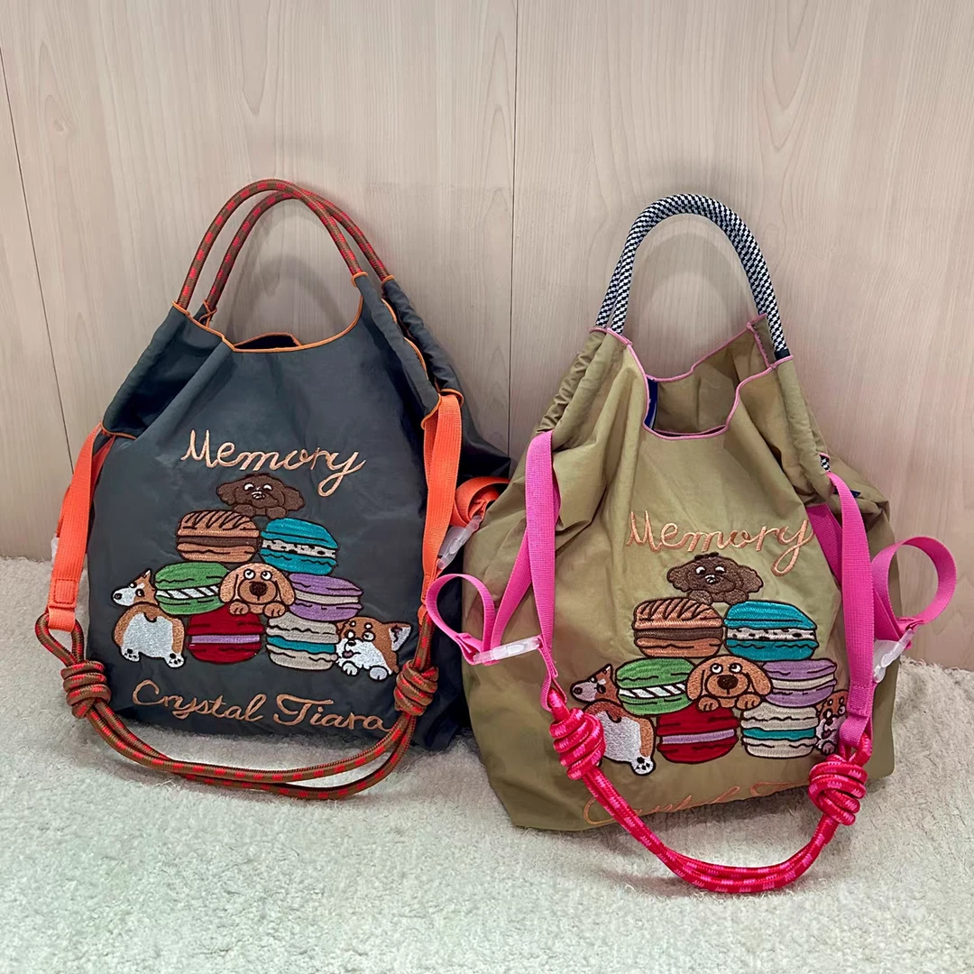 日系学生束口卡通狗时尚休闲百搭手拎包潮流抽绳绣花单肩包斜跨包